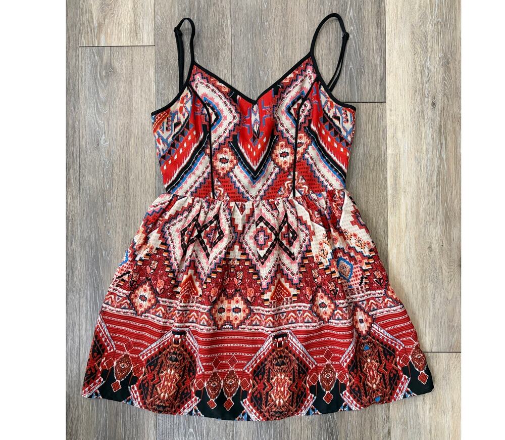 Band of Gypsies Womens Dress Medium Boho Tribal Print Fit Flare Spaghetti Strap